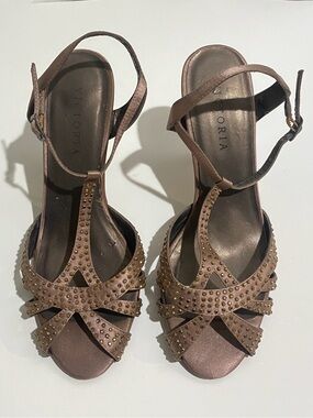 Victoria Gemie Women's 8 Brown Bronze Metallic Embellished Studded Strappy Heels